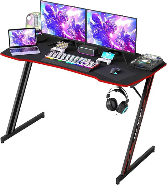 BestOffice Gmaing Desk Z Shaped 47 inch PC Computer Desk Computer Workstation Ergonomic Gaming Table with Headphone Hook for Game Players, Black&Red