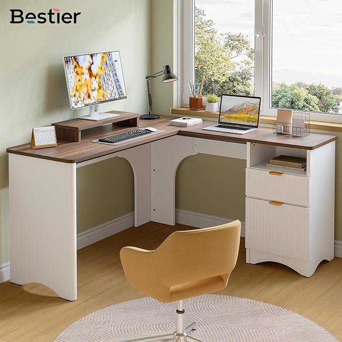 Bestier L Shaped Desk with File Drawer, 55.7" x 55" Office Computer Desk with Round Corners, Modern Desk with Monitor Stand & Fluted Panels for Home Office, White & Walnut