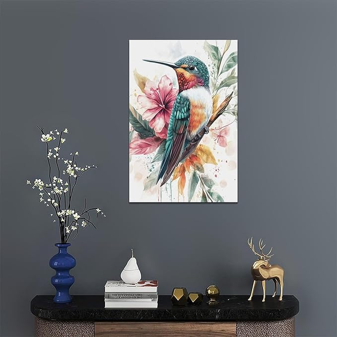 Watercolor Hummingbird Wall Art Country Flower Bird Pictures Wall Decor Colorful Canvas Painting Modern Home Artwork Decorations for Bathroom Bedroom Living Room Office Framed 16"x24"