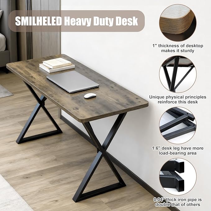 Heavy Duty Office Desk Industrial Grade Computer Desk with 1" Thick Desktop & 1 mm Reinforced Metal Frame Sturdy Workstation for Home Office Gaming Dorm 47.2" W x 23.7" D x 29" H