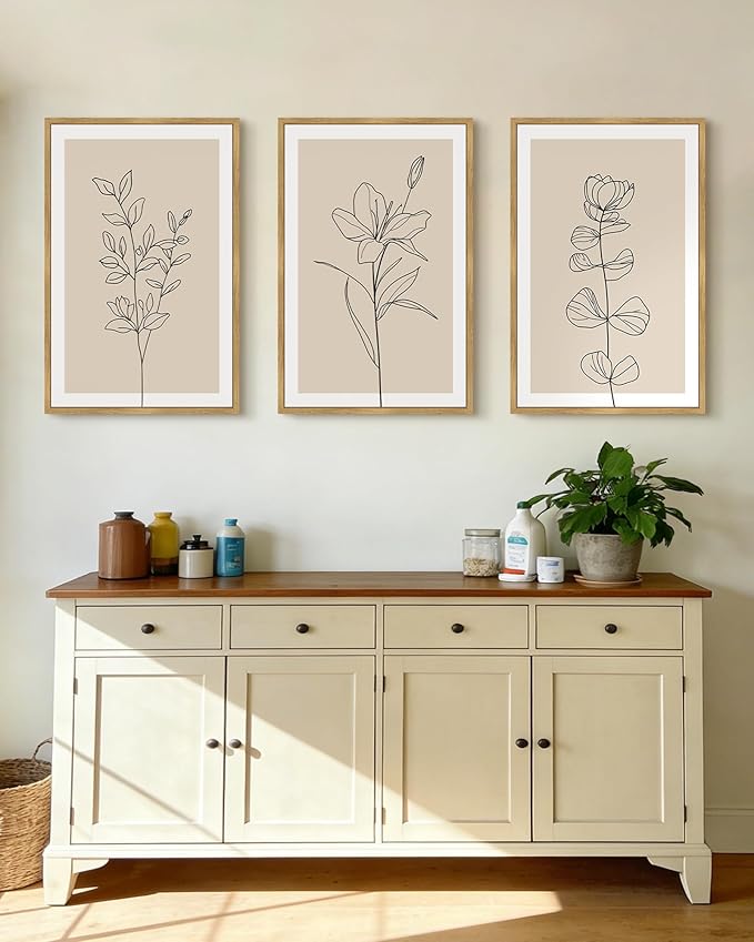 Drsoum Flower Wall Art Vintage Floral Minimalist Wall Hanging Decor Bohemain Botanical Prints Artwork for Bedroom Living Room Hallway 24x36in Natural Framed