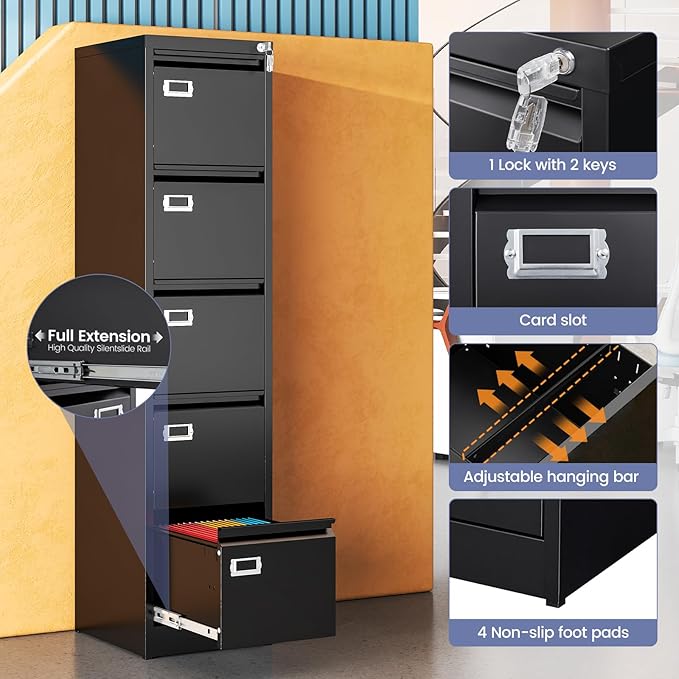 5 Drawer File Cabinet, Black Metal Filing Cabinets with Lock Name Card Holder, Metal Vertical Filing Cabinets for Home Office, Steel Storage Cabinet fits Letter/Legal/A4 Size(Assembly Required)