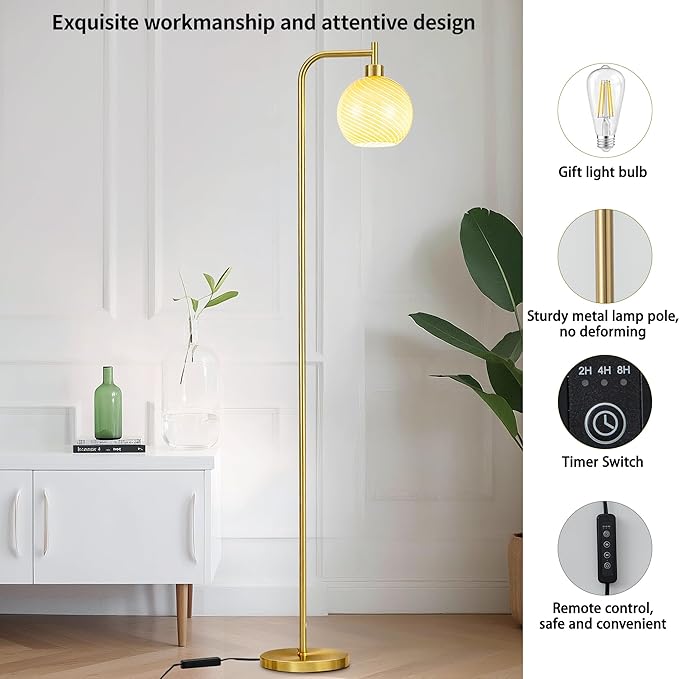 MAYNA Mid Century Modern Floor Lamp, Amber Ribbed Glass Standing Lamp with Built-in Timer Switch, Gold Tall Vintage Lamps for Living Room Bedroom, 2700K LED Bulb Included