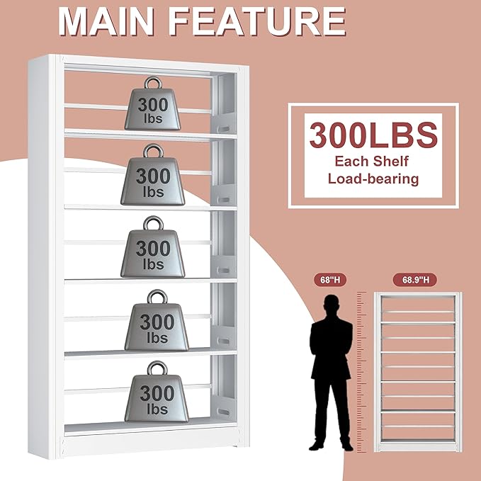 Heavy Duty Metal Bookshelf, 5 Shelf Adjustable Bookcase, 69’’ Tall Modern Bookshelves, Open Book Shelf Organizer, Large Sturdy Book Case for Living Room, Library, Office, White Book Shelf