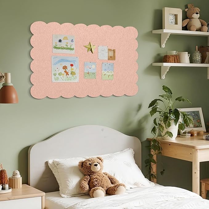 Scalloped Bulletin Board, 36 x 24 Inches Felt Pin Board - Decorative Cork Alternative for Wall, Foldable Picture Self-Adhesive Vision Prayer Board with 20 Pushpins - Mauvey Pink