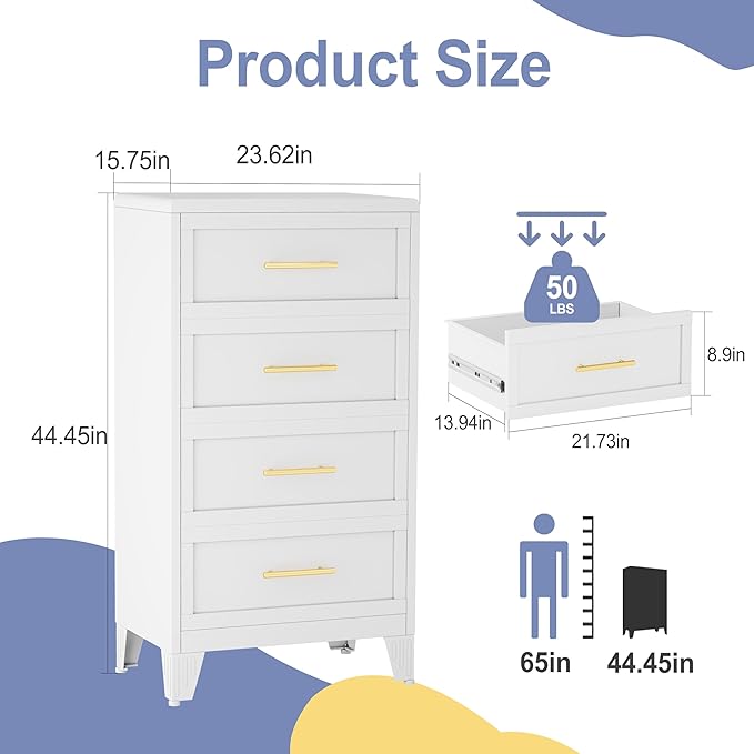 44.45" Tall Dresser for Bedroom 4 Drawers, Metal Dresser Chest of Drawers, Circular Drawer Cabinet for Home,Filing Cabinet with Drawers for Office (White)