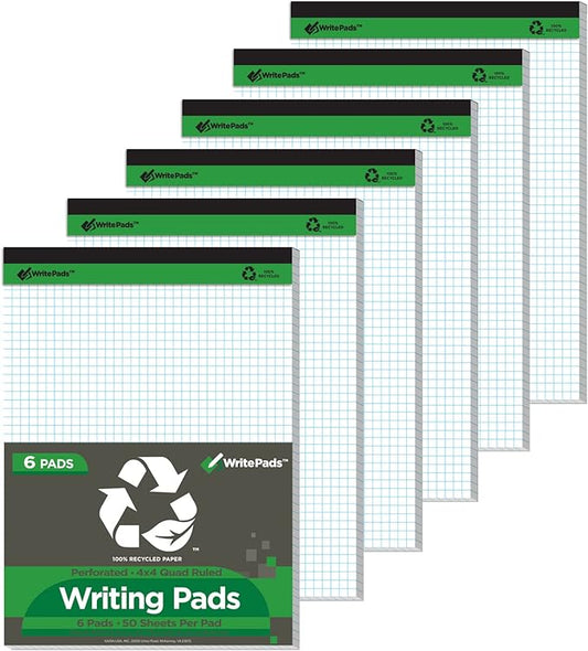 KAISA Graph Paper Legal Pads Writing Pads 6 pad 300 Sheets Recycled Paper 8.5"x11.75" Quad Ruled 4x4 Perforated 50sheets/pad Grid Paper Notepads Writing Tablet White For Office Supplies (White 6pad, 8.5x11.75'')