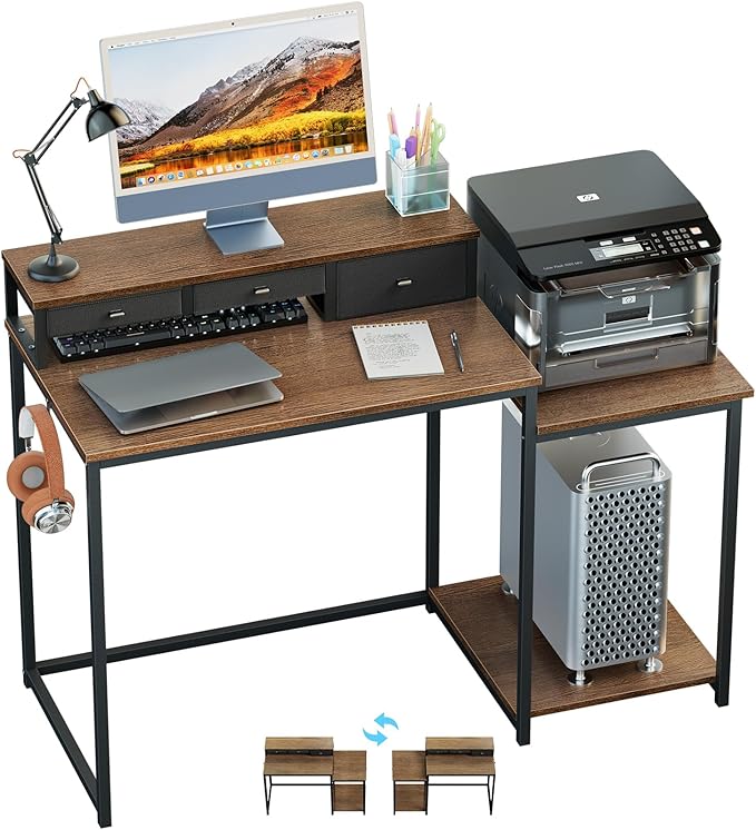 SINPAID 47 inch Computer Desk with Printer Shelf, Gaming Desk with Monitor Stand and Drawers, Reversible Home Office Desk with Storage Shelves and 2 Hooks, Home Workstation for Study Writing, Walnut