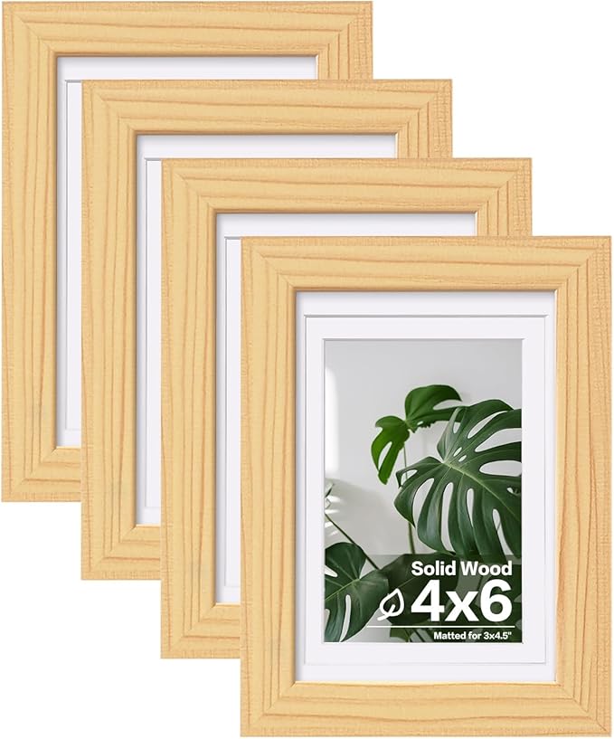 Egofine 4x6 Picture Frames Natural Wood Frames with Plexiglass, Display Pictures 3x4.5 and 3.5x5 with Mat or 4x6 Without Mat Set of 4 for Tabletop and Wall Mounting
