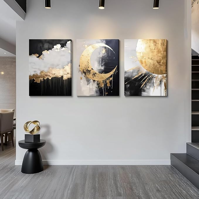 3Pcs Framed Black and Gold Abstract Canvas Wall Art Sun Moon And Cloud Posters Prints Maximalist Pictures Wall Decor For Living Room, Bedroom,bathroom Decoration