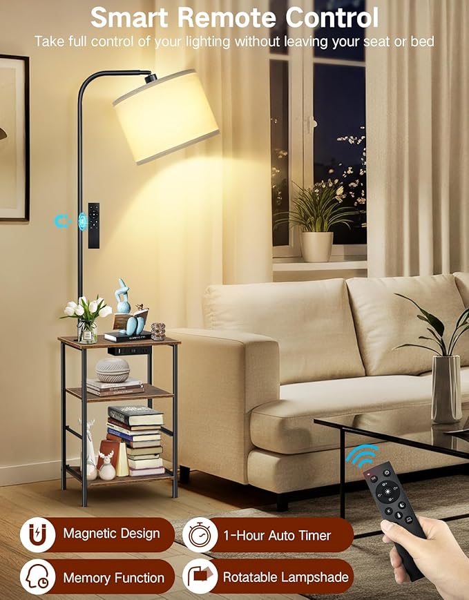 Floor Lamp with Table, 2 Drawers & Remote, Side End Table with Charging Station, Dimmable Nightstand with 3 Color Temperature, 1-Hour Timer, 12W LED Bulb, for Living Room, Bedroom