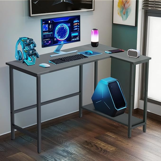43Inch Corner Computer Desk, Gaming Desk with Reversible Storage Shelves Left/Right,Small L Shaped Desk with 2-Tier Shelves & Adjustable Feet Pad for Home Office Gaming (39 Inch)