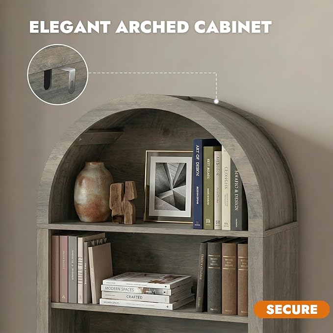 Bookcase, 4-Tier Tall Bookshelf, 47.6" Wood Open Display Floor Arched Book Shelf, Large Storage Organizer for Bedroom and Living Room Gray
