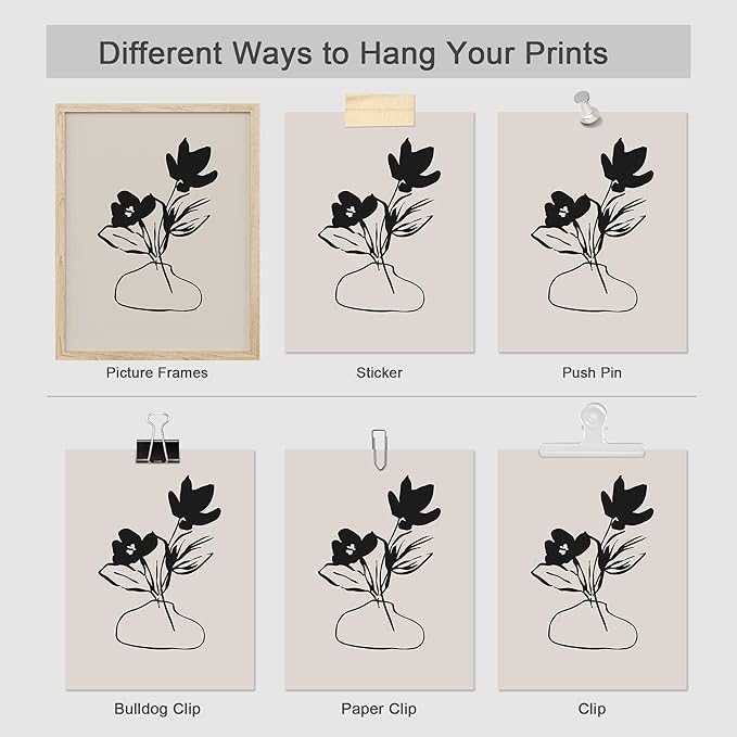 SIGNWIN Adhesive Canvas Poster Bathroom Decor, Wall Art Room Decor Multicolor for Living Room, Bedroom, Office Duotone Black & White Floral Botanical Flower Nature Abstract Shapes - 12"x16"x 8