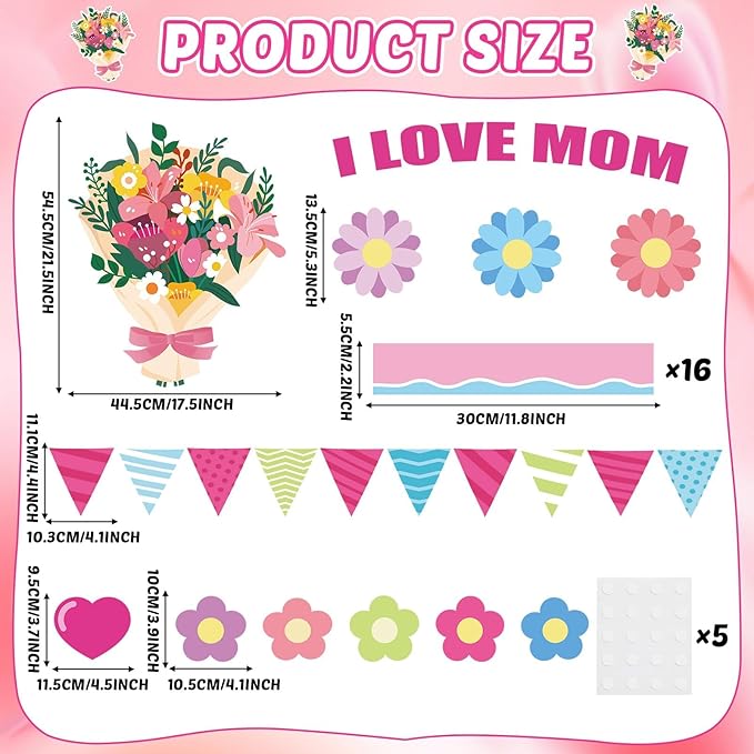 Mother's Day Bulletin Board Set I Love Mom Classroom Bulletin Board Decorations Mothers Day Flower Heart Cutouts Classroom Decorations for Preschool Nursery Toddler Kids Spring Decor Wall Door