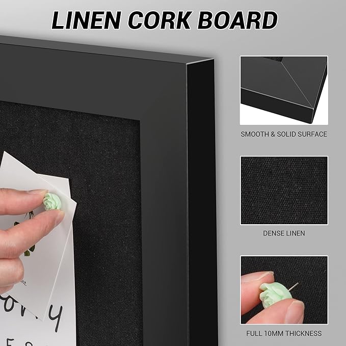 Board2by Black Cork Board Bulletin Board with Linen, Wood Framed 30" x 20" Corkboard, Office Board for Wall Decor, Wall Mounted Pin Board Picture Board with 20 Pushpins for School, Home & Office