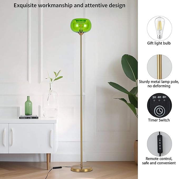 MAYNA Globe Floor Lamp, Emerald Green Round Glass Standing Lamp with Built-in Timer Switch, Gold Tall Vintage Lamps for Living Room Bedroom, 2700K LED Bulb Included