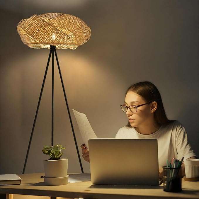 Bamboo Tripod Floor Lamp, Handwoven Lotus Shade Standing Lamp, Boho Natural Woven Light with Black Metal Stand for Living Room Bedroom,Nature