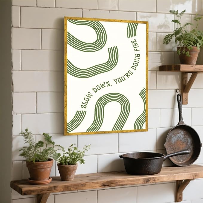 Slow Down You’re Doing Fine Wall Art Retro Minimalist Motivational Quote Music Poster Inspirational Midcentury Song Lyrics Sage Green Canvas Prints for Bedroom Home Decor 24x36inch Golden Framed