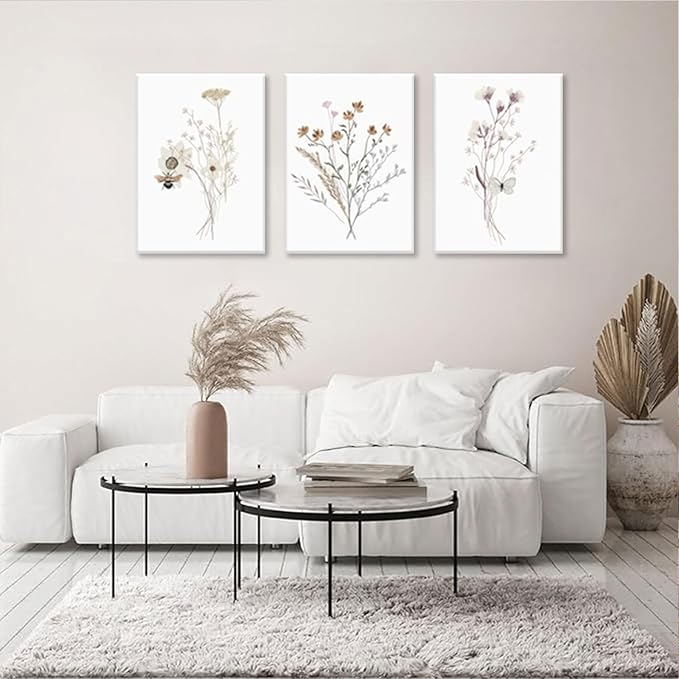 Bwodke Framed Wildflower Wall Art Butterfly Bee Botanical Floral Poster Canvas Prints Set of 3 Minimalist Nature Boho Pictures Vintage Farmhouse Decor Painting Bedroom Bathroom Living Room 12x16in