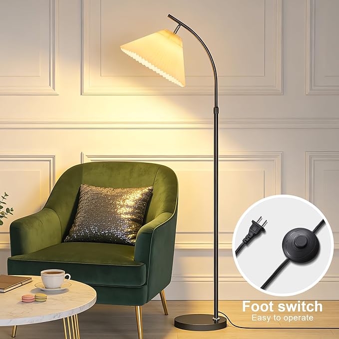 Tall Floor Lamp for Living Room Bedroom, 61"-68" Adjustable Standing Lamp with PleatedShade, Black Modern Lamp with 9W LED Dimmable 3-Color (3000K/4500K/6000K), Corner Reading Light for Office