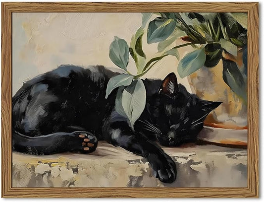 Framed Black Cat Canvas Wall Art, Vintage Sleeping Cat with Plant Picture Wall Decor Paintings, Cute Animal Poster Prints Rustic Aesthetic Home Decor for Living room Bedroom Bathroom 8x10 inch