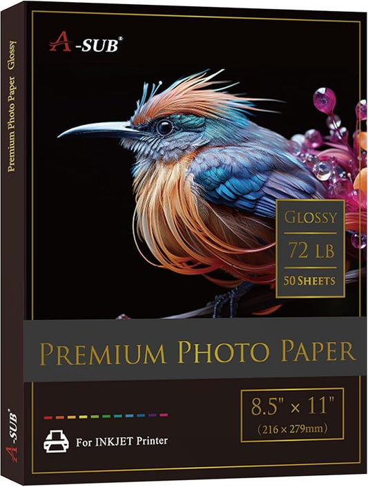 A-SUB Premium Photo Paper High Glossy 8.5x11 Inch 72lb for Inkjet Printers 50 Sheets, Single Sided