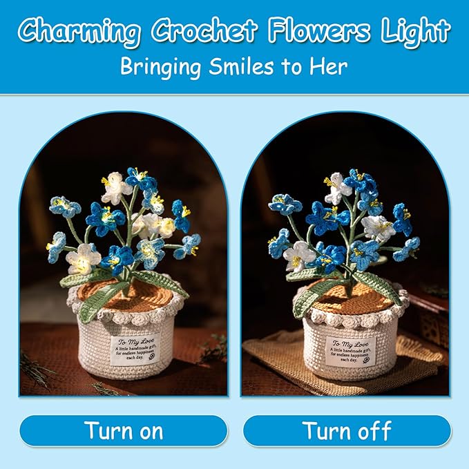 Forget Me Not Flower Lamp - Blue Crochet Artificial Flowers with Night Light, Cordless Table Lamp, Cozy Home Decor Crochet Gifts