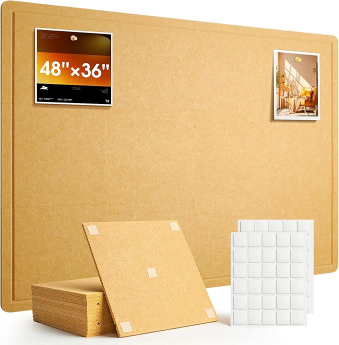 Bulletin Board, 48 x 36 inches Cork Board Alternative, 12 Pack Felt Pin Boards for Walls Home Office Decor, Classroom with 60 Adhesive Tabs Longan Yellow