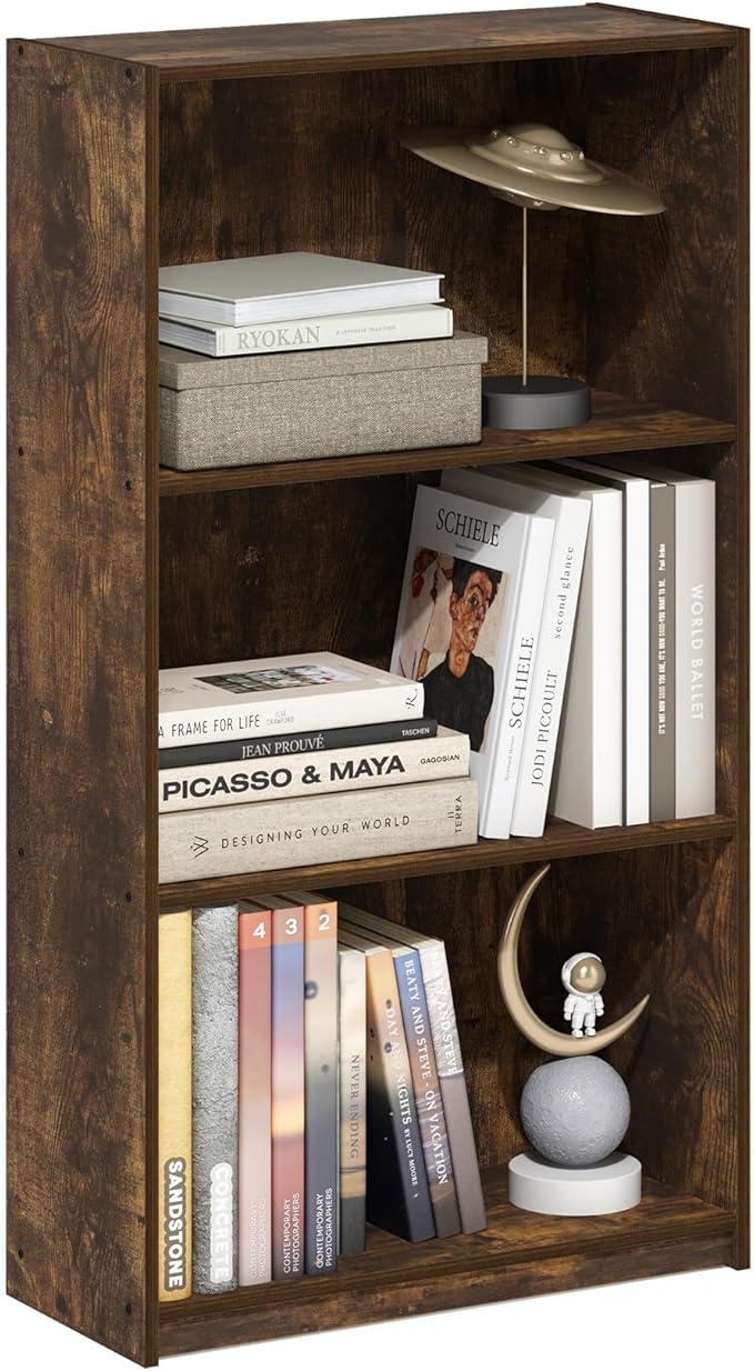Furinno Basic Book Shelf, 3-Tier Modern Bookshelf, Bookcase with Open Shelves, 9.3 x 21.8 x 39.5, for Living Room, Bedroom, Home Office, Amber Oak