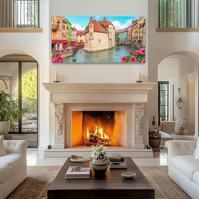 Annecy old town cityscape France Canvas Wall Art Large Framed Prints Pictures Wall Decor Posters Painting Artwork for Living Room Bedroom Kitchen Bathroom 16x30
