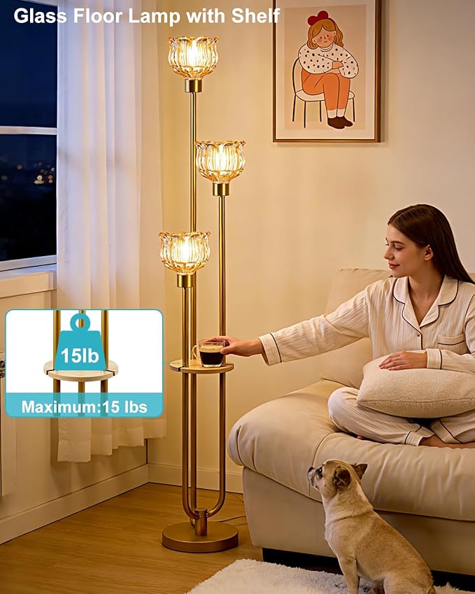 Lightdot Glass Floor Lamp for Living Room 3-Lights Modern Dimmable Gold Floor Lamp with Amber Glass Shade & 3000K Bulbs Included Unique Tall Standing Lamp for Bedroom/Sofa Beside/Corner Decor