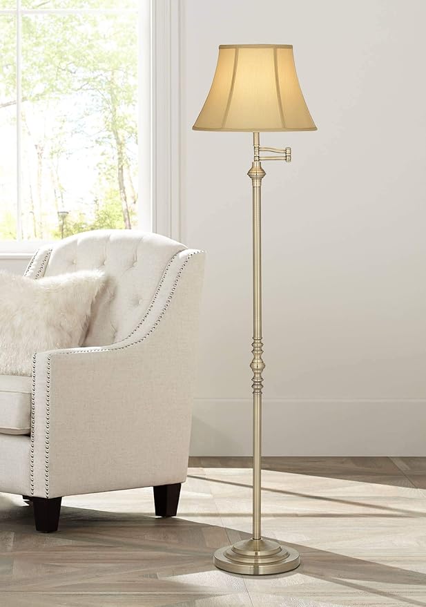 Regency Hill Montebello Traditional Adjustable Swing Arm Floor Lamp Standing 60" Tall Antique Brass Metal Column Golden Tan Bell Shade for Living Room Reading House Family Bedroom Home