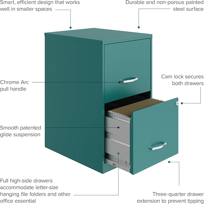 Hirsh Industries Space Solutions 18in 2 Drawer Metal File Cabinet Teal, Letter Size, Fully Assembled