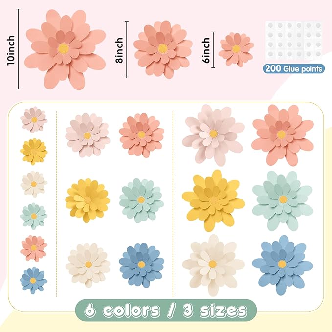 18 Pcs Paper Flowers Decorations for Wall DIY Flower Bulletin Board 3D Fiesta Paper Floral Backdrop Decoration for Photo Backdrop Classroom Back to School Party(Bright Color)