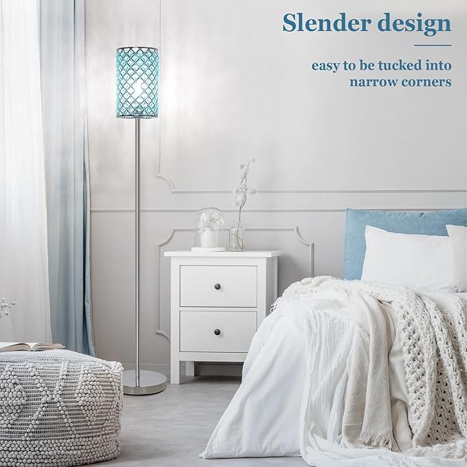 Floor Lamp for Living Room, Crystal Floor Lamp Girl Bedroom Lights, Silver Standing Lamps with Teal Shade, Elegant Standing Light Tall Pole Lamp for Bedroom, Dresser, Office (E26 Base)