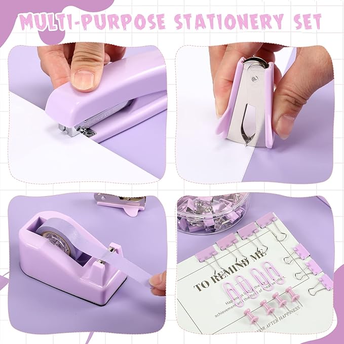 Office Supplies Set Desk Accessory Kit Include Stapler, Staples, Staple Remover, Tape Dispenser, 22 Binder Clips, 30 Paper Clips, 20 Push Pins, 2 Rolls Tape, for Women Christmas Gift (Purple)