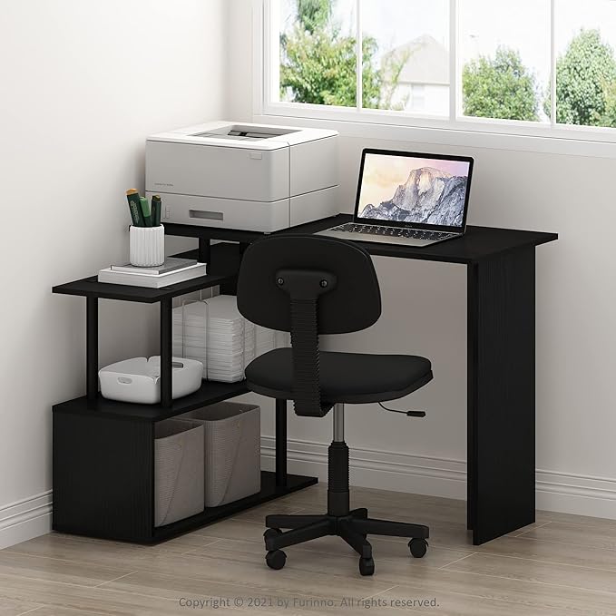 Furinno Moore L-Shape Computer Desk with 3-Tier Shelves, Americano