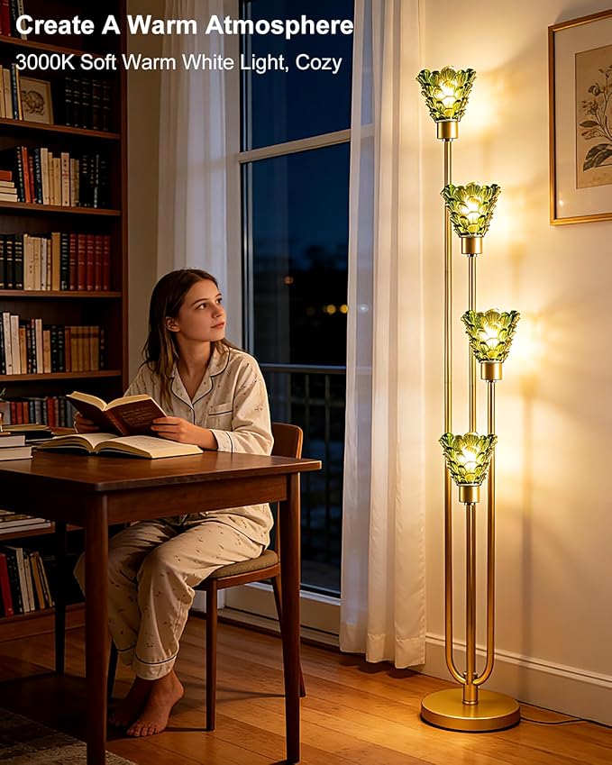 Lightdot Glass Floor Lamp Dimmable 4-Lights Gold with Green Glass Shade 3000K Bulbs Included Mid Century Modern Standing Tall Lamp for Living Room/Bedroom/Sofa Beside/Corner Decor