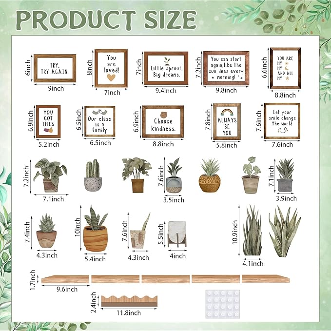 Pajean Bookshelf Bulletin Board Retro Boho Plant Positive Classroom Decoration Greenery Potted Cutouts for Back to School First Day Window Door Wall Elementary Preschool Teacher Supplies