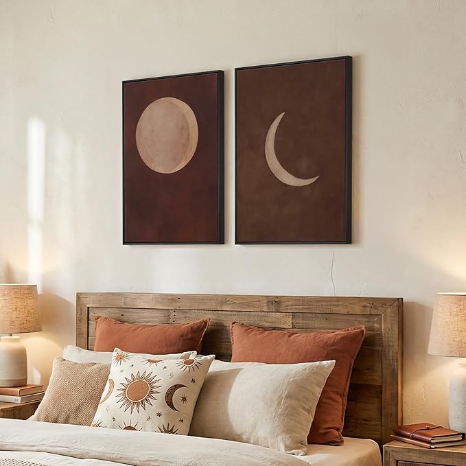 Framed Boho Moon Phase Wall Art Set of 2 for Living Room, Neutral Brown Abstract Minimalist Canvas Artwork for Walls, Bohemian Lunar Celestial Painting Print for Bedroom Hallway Wall Decor, 16x24 Inch