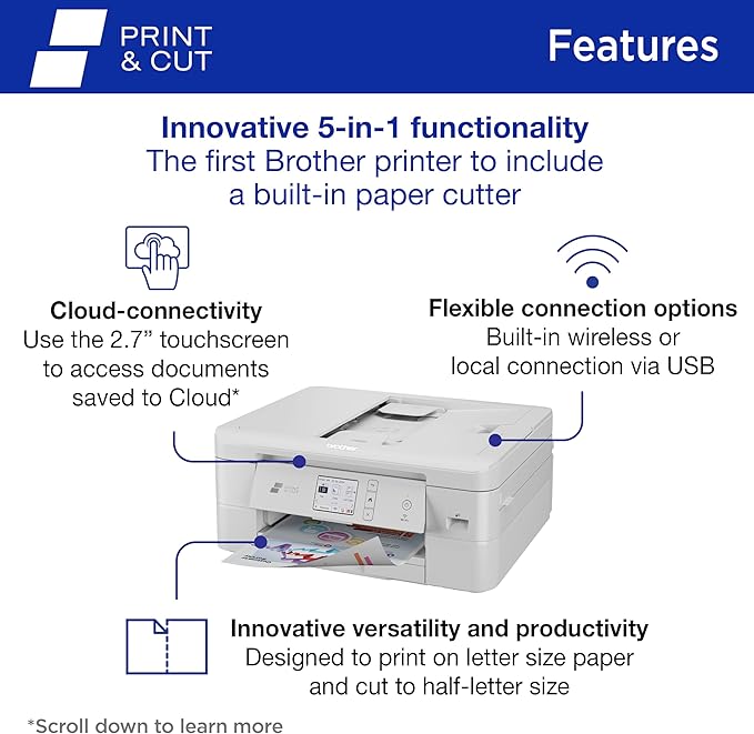 Brother Wireless All-in-One Color Inkjet Printer with Auto Paper Cutter, Scanner, Copier and Fax for Home Office, Print and Cut Machine with Mobile Printing and 150-Sheet Capacity (J1800DW)