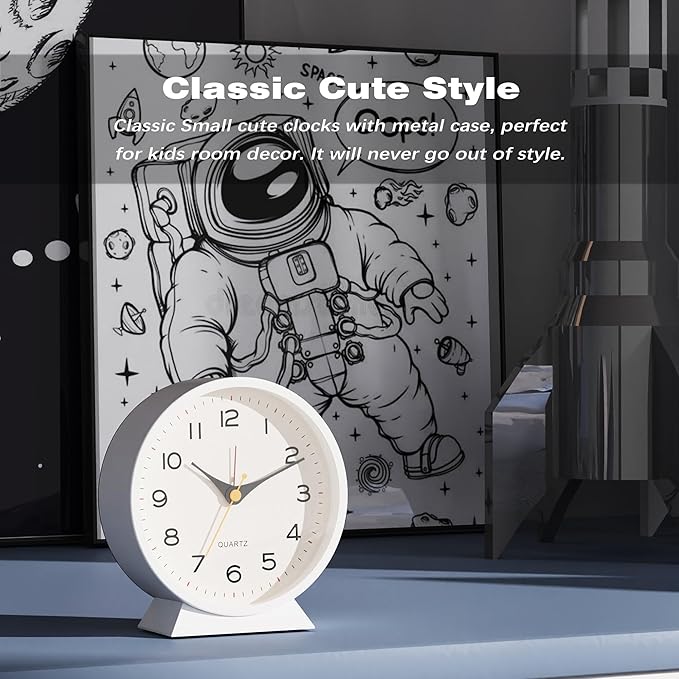 AYRELY® 4.5" Analog Alarm Clock,Small Retro Desk Clock Battery Operated,Slient Metal Table Clock with Light for Living Room Decor,Bedroom,Bedside,Shelf (White)