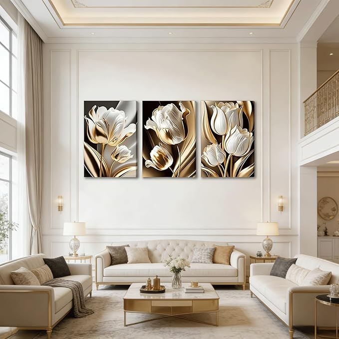 3Pcs Abstract White Gold Floral Canvas Wall Art Modern Luxury Minimalism Painting Pictures Wall Decor tulip Plants Posters Prints Artwork for Living Room Bedroom Office Home Decoration 16 x 24in