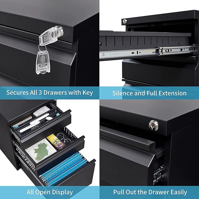 Mobile Filing Cabinet,3 Drawer Mobile File Cabinet with Lock,for Legal/Letter/A4 Documents,Home Office Storage Dresser Cabinet (Black)