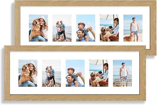 8x24 Picture Frame 2 Pack, Natural Oak Wood Frame with Tempered Glass, Display Pictures Multiple Five 4x6 With Mat or 8 x 24 Without Mat - Horizontal or Vertical Wall Mounting