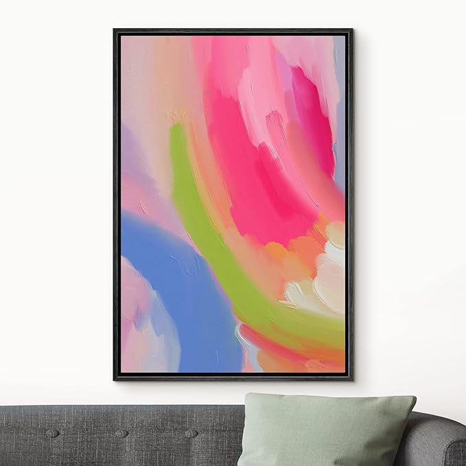 MUDECOR Framed Canvas Print Wall Art Vibrant Hot Pink Pastel Watercolors Abstract Shape Illustrations Modern Art Decorative Bohemian Colorful Chic for Living Room, Bedroom, Office - 16"x24" Black