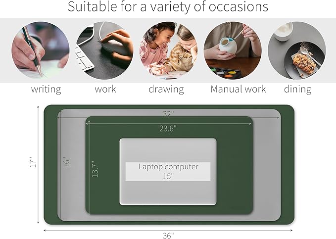 RENMTURE Double-Sided Two-Tone Faux Leather Desk mat Desktop Organization and Accessories Home and Office Large Mouse pad Game and Work (Green/Gray, 32"x16")