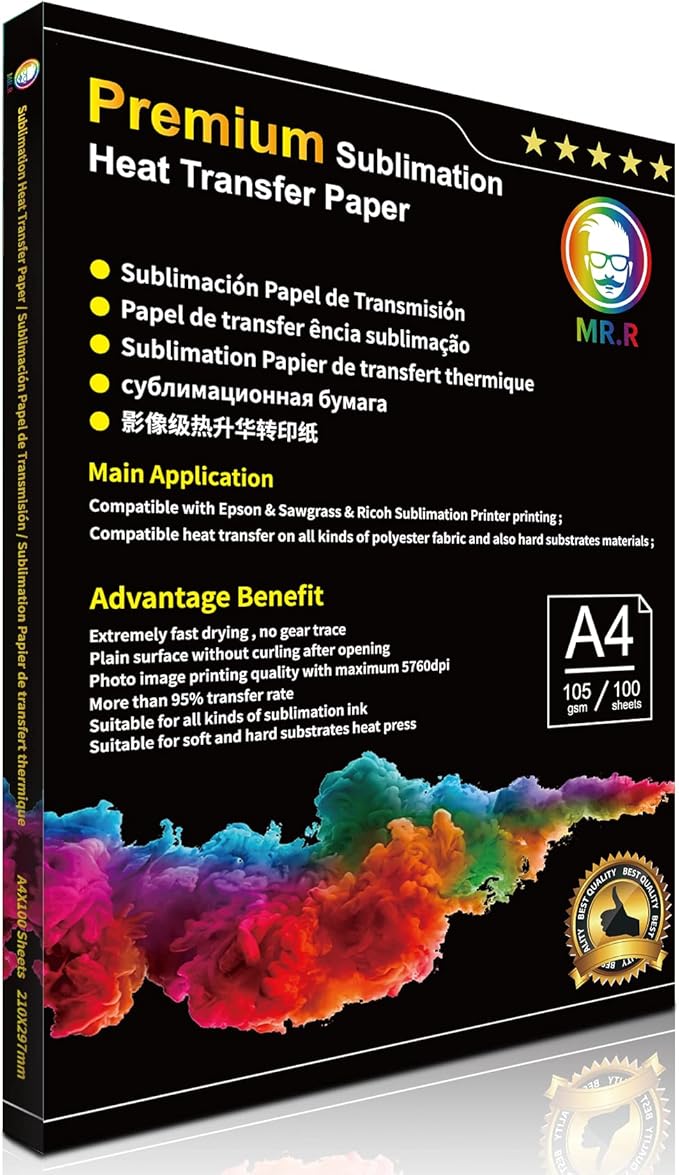 MR.R Premium Sublimation Heat Transfer Paper for EPSON and Sawgrass 105gsm A4 8.25''X11.69'',100 Sheets per Pack