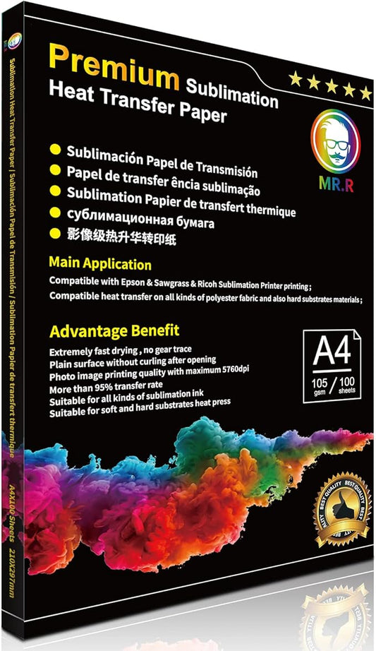 MR.R Premium Sublimation Heat Transfer Paper for EPSON and Sawgrass 105gsm A4 8.25''X11.69'',100 Sheets per Pack